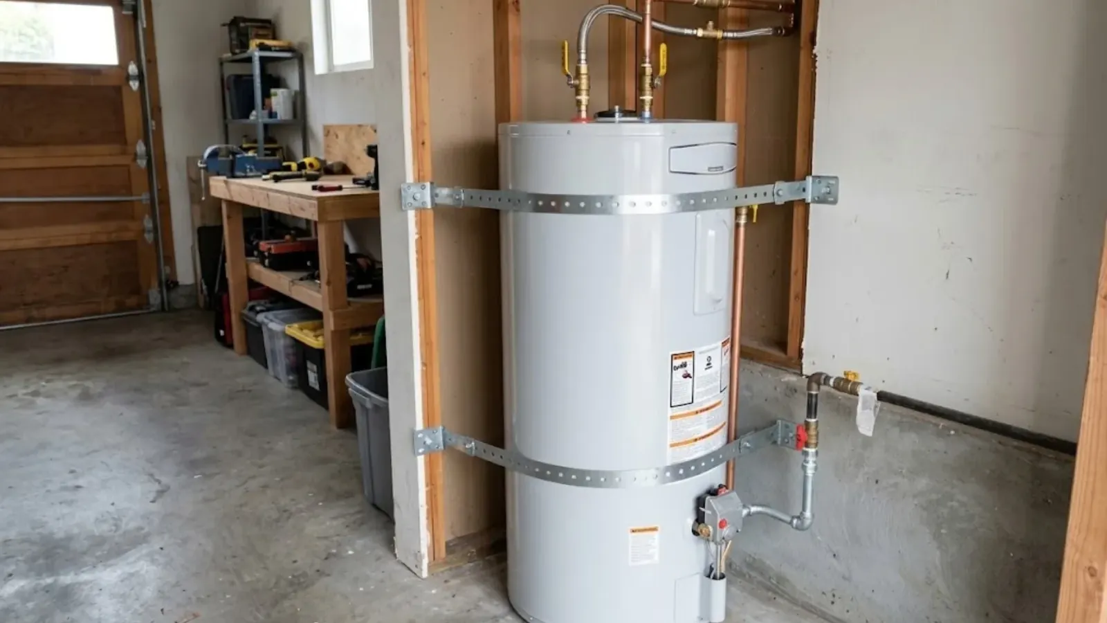 New tank water heater strapped to the wall of a garage with copper lines