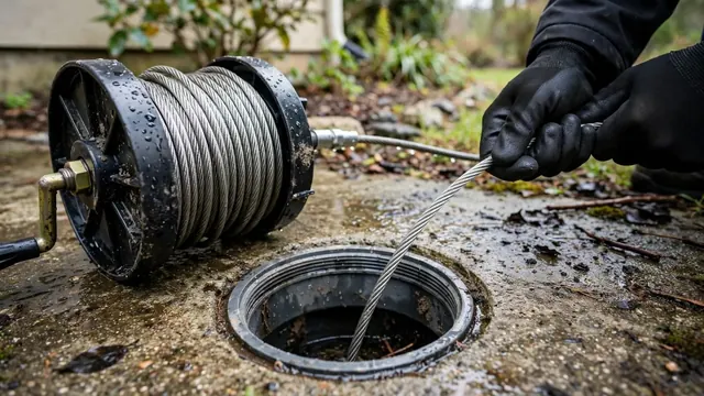 Gloved hands guiding a cable from a drain machine into an outdoor cleanout