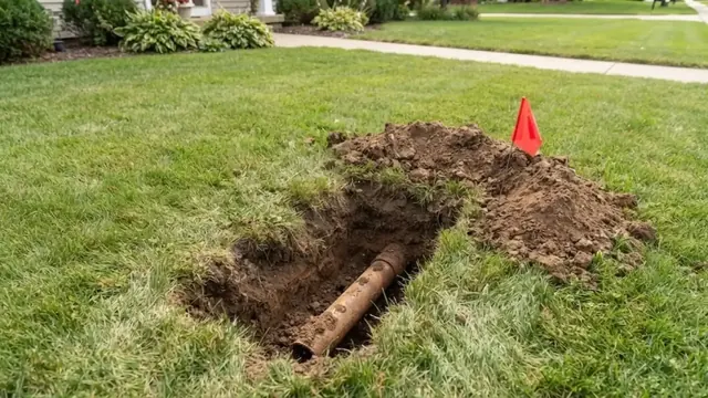 Excavated trench in a lawn exposing a buried sewer pipe beside a safety cone