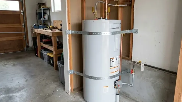 New tank water heater strapped to the wall of a garage with copper lines