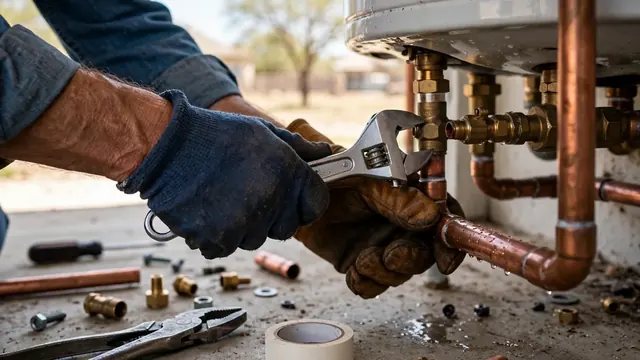Gloved hands tightening a wrench on copper fittings above a water heater