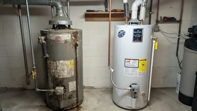 An old rusted tank water heater beside a new unit in a basement